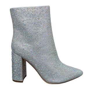 Lauren Lorraine Jam Silver Shiny Rhinestone Chunky Block Ankle Boot Size 7.5